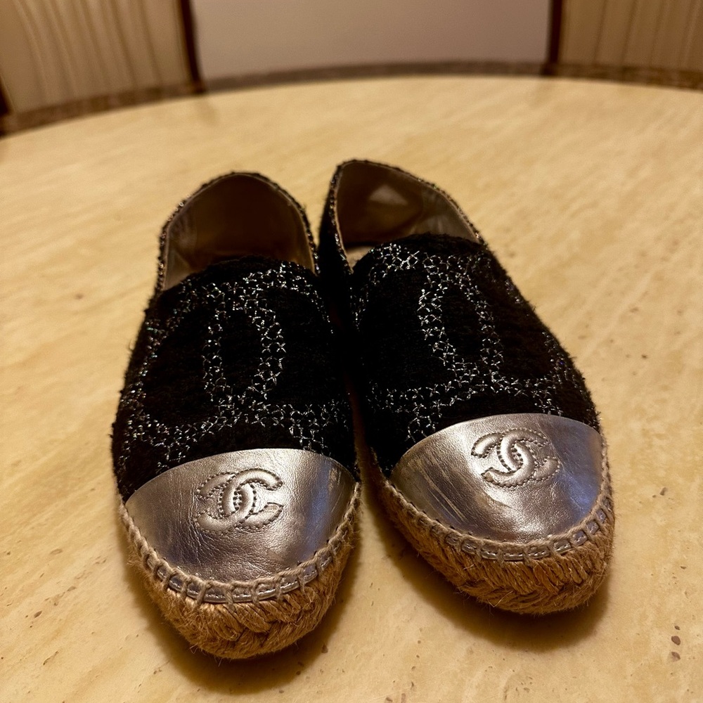 CHANEL Black and Silver Espadrilles